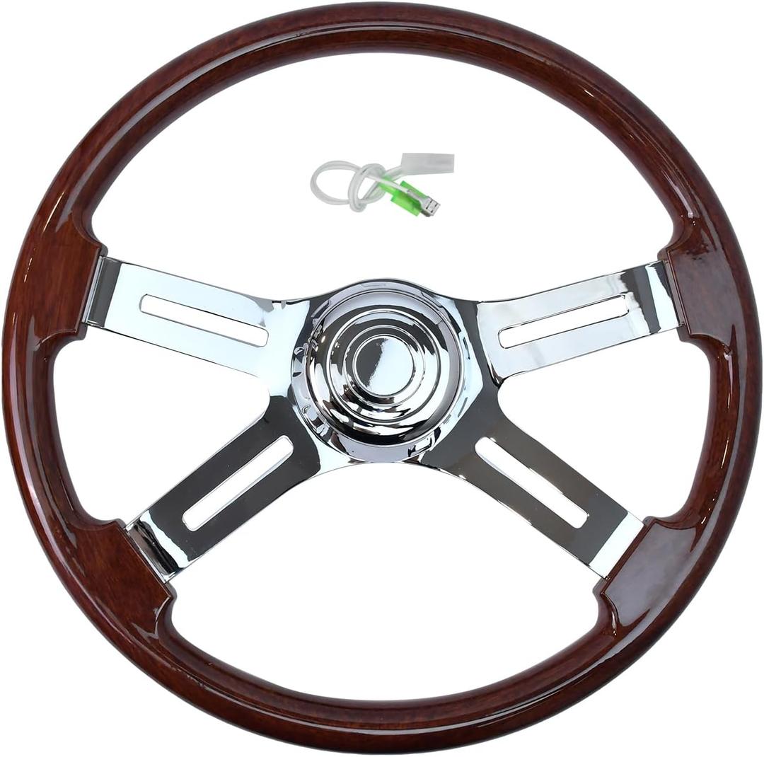 18'' Walnut Wood Steering Wheel with 4 Spokes and 2'' Deep Plated Bracket, Modified Interior Accessory for Semi-Trailers, Compatible with Kenworth, Peterbilt, Volvo, Freightliner Truck（ABS）