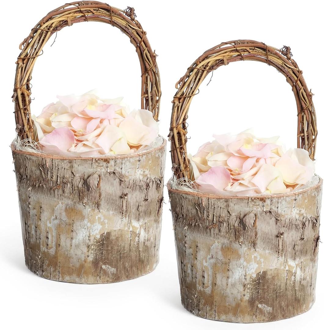 LemonRoad 2 Pcs Flower Girl Basket Retro Wooden Bark Style Small Baskets with Handles for Wedding Floral Decoration Wedding Flowers Candy Storage and Home Decoration (Mini)
