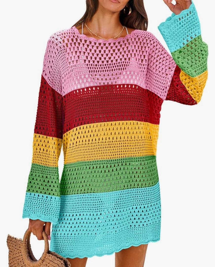 ANRABESS Women Swimsuit Crochet Swim Cover Up 2025 Summer Bathing Suit Swimwear Mesh Knit Beach Dress Vacation Outfits, Rainbow Stripe, M