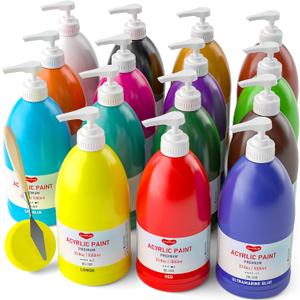 Smallbudi 15 Colors Large Acrylic Paint Set (33.8 oz,1000 ml) Art Painting Bulk Supplies for Multi Surface Canvas Wood Leather Fabric Rock Craft, Non Toxic Paint for Kid & Adult with Pump, Color Wheel, 33.8 Fl Oz