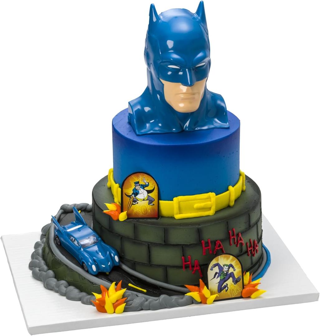 DecoSet Batman to the Rescue Cake Topper, 4 Piece Cake Decoration, Includes Batman Case With a Hidden Fold Out Batmobile Launcher, Free Wheeling Batmobile Car, and Joker and Penguin