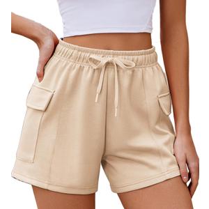 PINSPARK Sweat Shorts Women Baggy Soft Athletic Short Lounge Cargo Shorts High Waisted Drawstring with Pockets, L