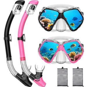 2 Pack Snorkeling Gear for Adults, Dry Snorkel, Mask Set Adult, Diving Scuba Mask, Scuba Gear, Swimming Goggles with Nose Cover, Swim Freediving Tempered Glass Panoramic View Travel Packages (Black+Pink)