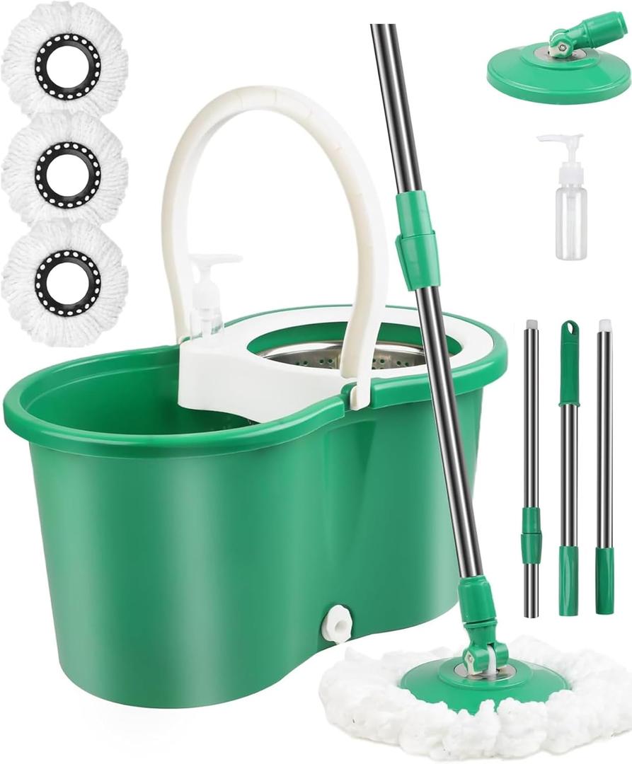 Hand Free Household Mop and Bucket with Wringer Set,Operable 360  Rotating Mop Bucket Set with 3 Microfiber Replacement Head and Stainless Steel 56" Extended Handle for Office and Home use(Green)