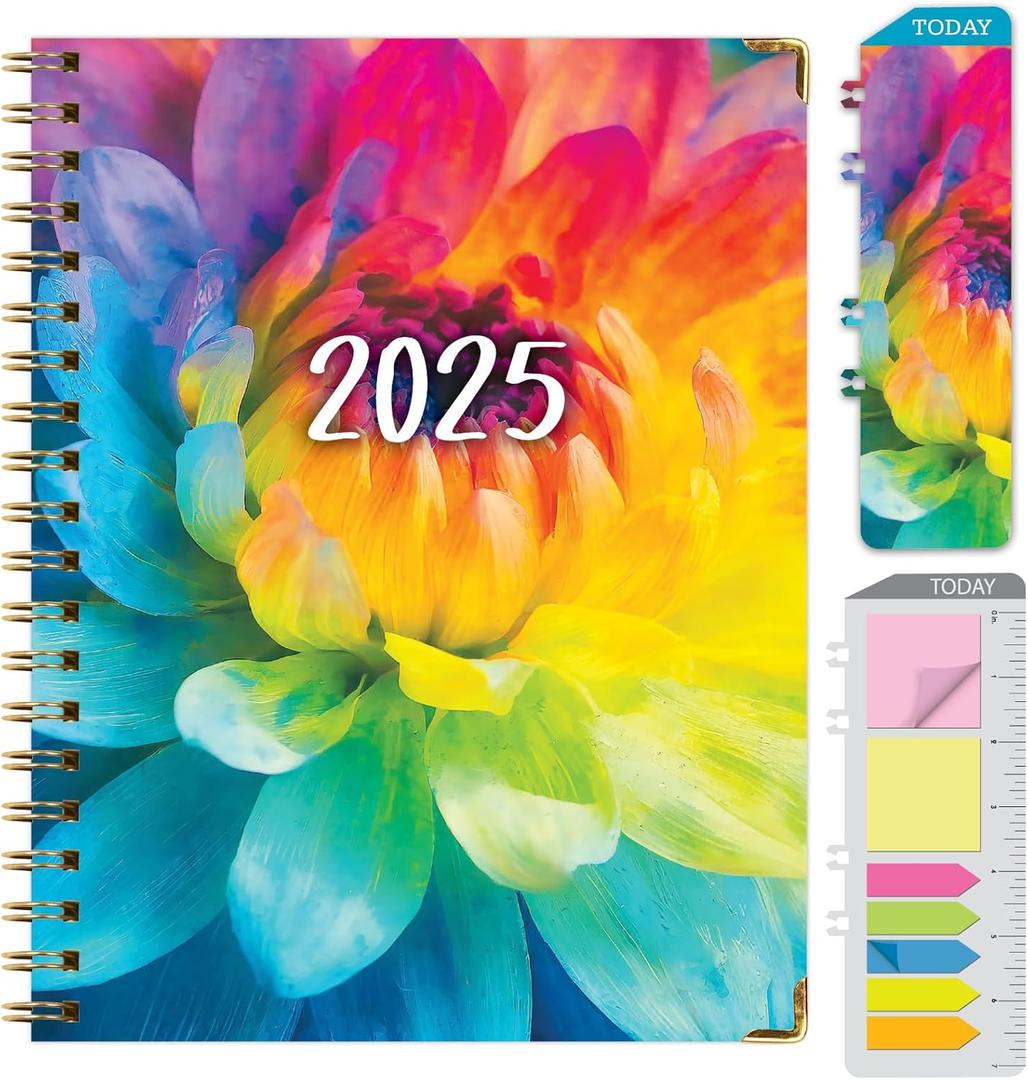 HARDCOVER 2025 Planner, 7"x9": 14 Months (November 2024 - December 2025), Daily Weekly Monthly Planner, Yearly Agenda, Bookmark, Pocket Folder and Sticky Note Set (Rainbow Petals)