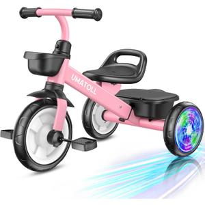 Umatoll Tricycle for Toddlers 2-5 Year Old, Ajustable Toddler Bike Outdoor Toys, Birthday Gift for Girl Age 2-4, Trike with Light up Wheels (Pink)