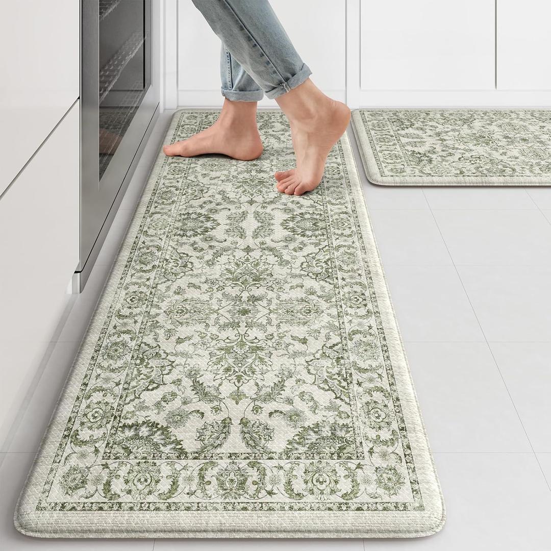 KIMODE Anti Fatigue Kitchen Mat Set, Non Slip Waterproof Kitchen Rug Set of 2, Boho Rugs for Kitchen, Ergonomic Standing Kitchen Sink Mats for Floor, 17"x29.5"+17" x47, Green