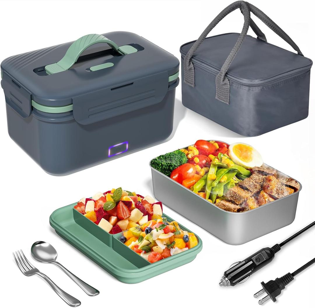 Monteka Electric Lunch Box Food Heater, Upgrade 100W High Power Portable Food Warmer, Heated Lunch Box for Adults Car/Home with 1.8L Removable Stainless Steel Container, 12V/24V/110V/220V, Grey (Gray)