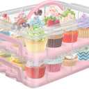 Cake Carrier with Lid, Two Tier Handle Cupcake Carrier, Stackable Cupcake Holder Container for 24 Cupcakes, Cake Carrier with Trays, Dessert Container for Cake Pie Muffin Cobbler, Pink