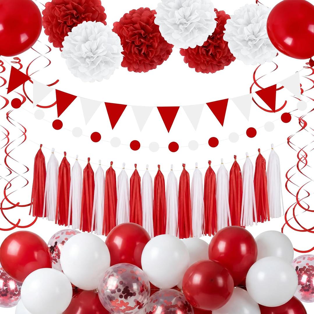 Red and White Party Decorations with Paper Pom Poms, Honeycomb Balls, Tassel Garland, Banner, Balloons for Birthday, Baby Shower, Valentine’s, Graduation Party