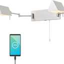 JONATHAN Y 54" Nickel 2-Light Double Swing Arm LED Wall Sconce, Industrial Farmhouse Iron Wall Lamp with Pull-Chain, USB, Metal Shades (JYL6016B)