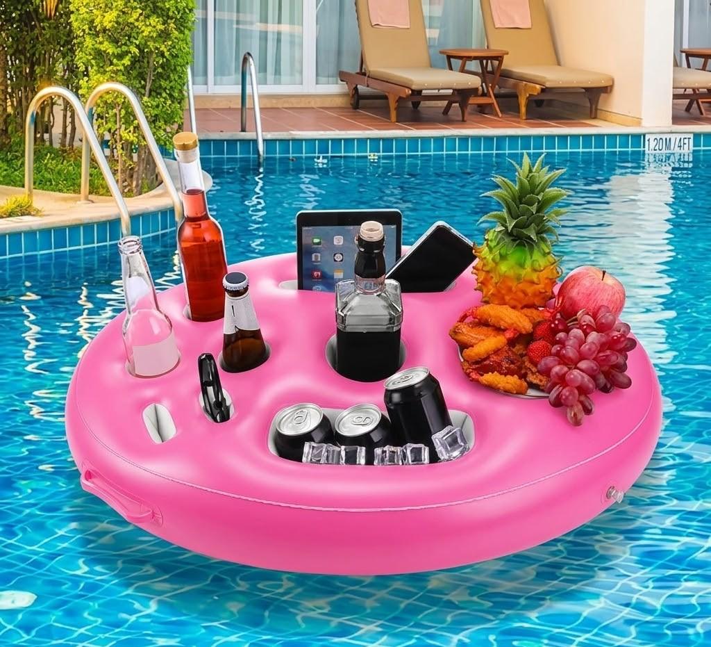 9 Holes Inflatable Floating Drink Holder for Pool Large Capacity Drink Floating Pool Hot Tub Tray with 9 Holes Cup Holders (Pink) 