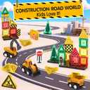 hahaland Mini Magnetic Tiles Travel Road Construction Toys Magnetic Building Blocks with Engineering Vehicles Trucks Case 2-in-1 Road-Themed Box Montessori Birthday for 3-6 Year Old Toddler