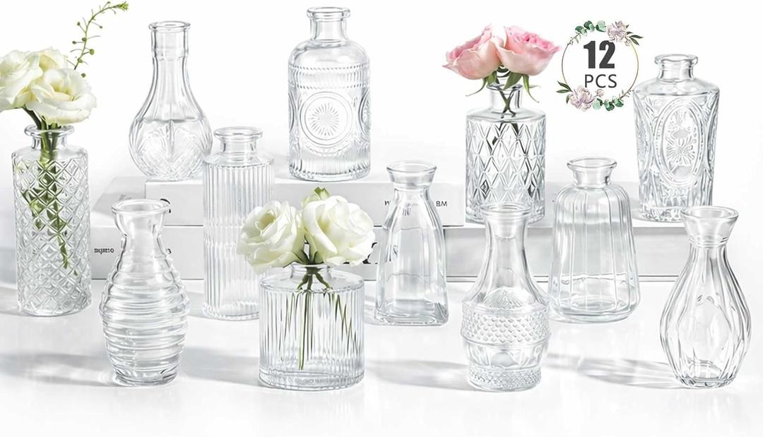 12 Pack Bud Vase in Bulk - BEAHOT Clear Flower Vases for Wedding Decorations, Glass Vase for Table Decorations, Small Vase for Home, Mother's Day, Centerpieces, Party, Office (Clear)