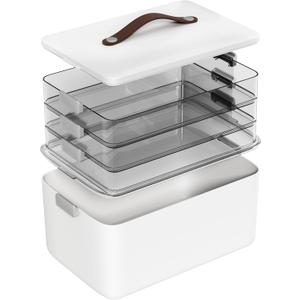 MOPALL 4-Tier Medicine Organizer Storage Box, Portable Latch Bin with Lid and Leather Handle, Cabinet Closet Organization for Home Office, Pill Bottle, First Aid, Sewing, Art, Craft