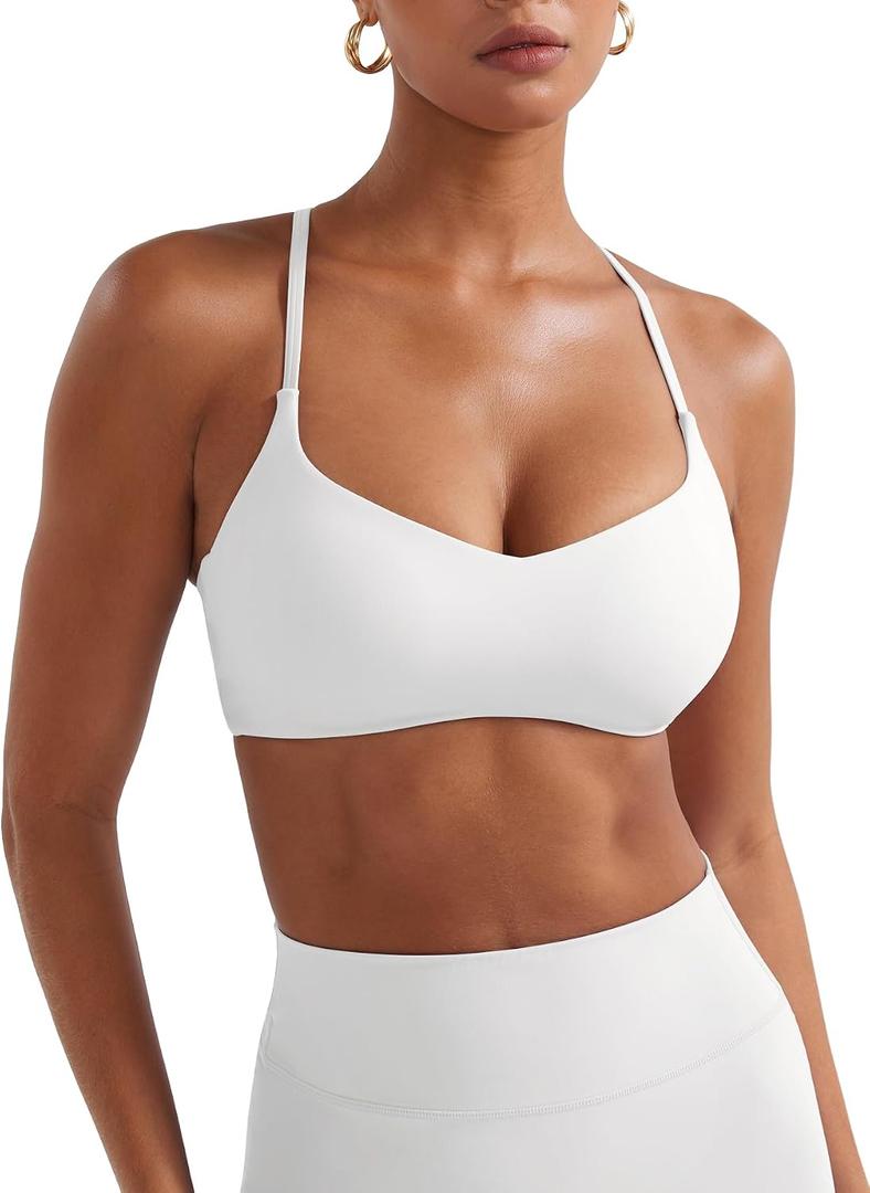YEOREO Y Back Sports Bras for Women Padded Racerback Bra Paisely Light Impact Adjustable Straps Gym Workout Tops (White, M)
