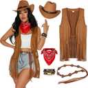 GERVAISE Womens Western Cowgirl Costume 70s Hippie Tassels Fringe Vest outfit Hat 5pcs (Large, Brown)
