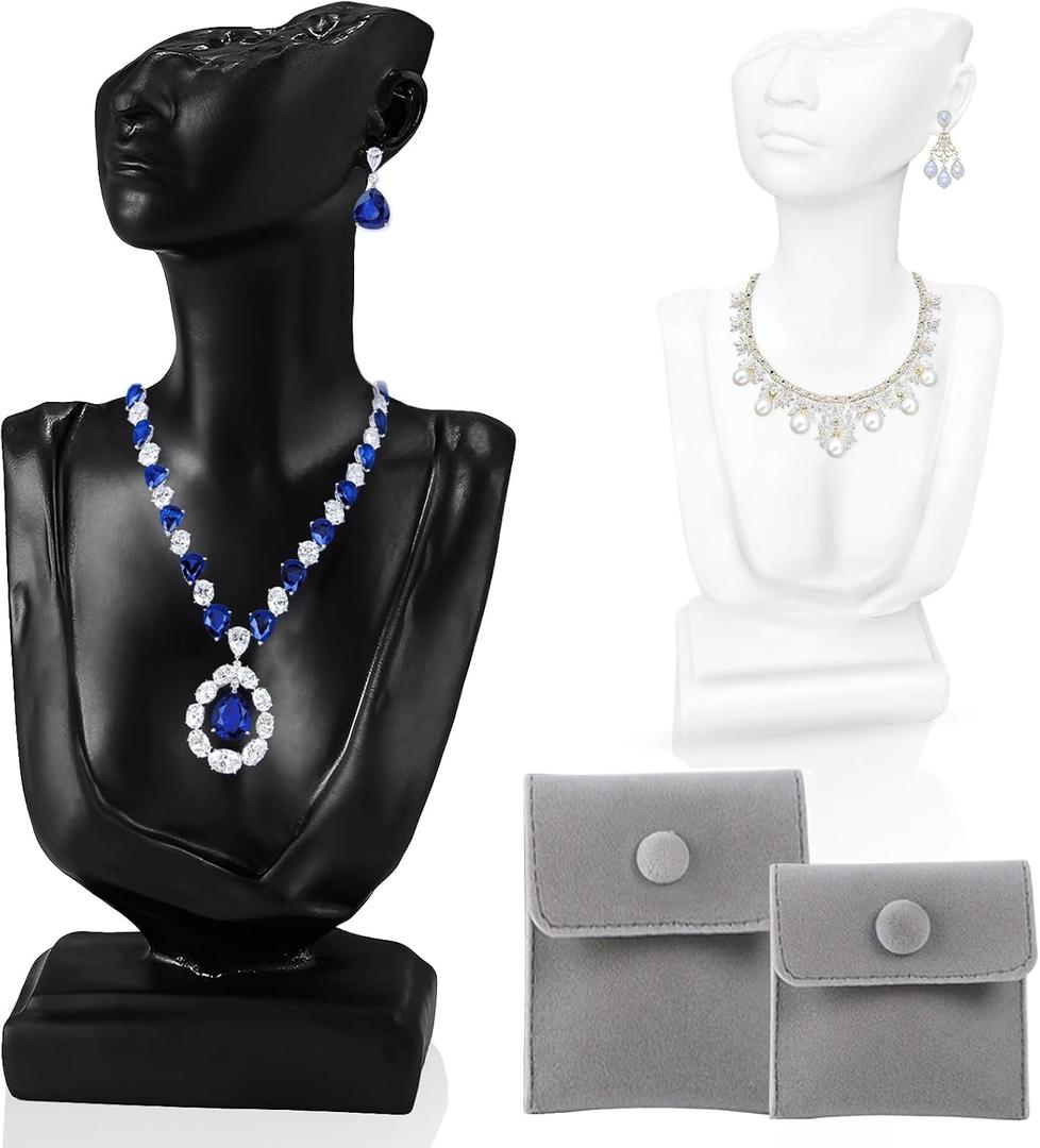 2Pcs Mannequin Jewelry Stand Set with Gray Bags, Jewelry, Pendants, Earrings, Chains and Necklace Display for Selling, Boutique Bust Holder, Details Show, Home Decor