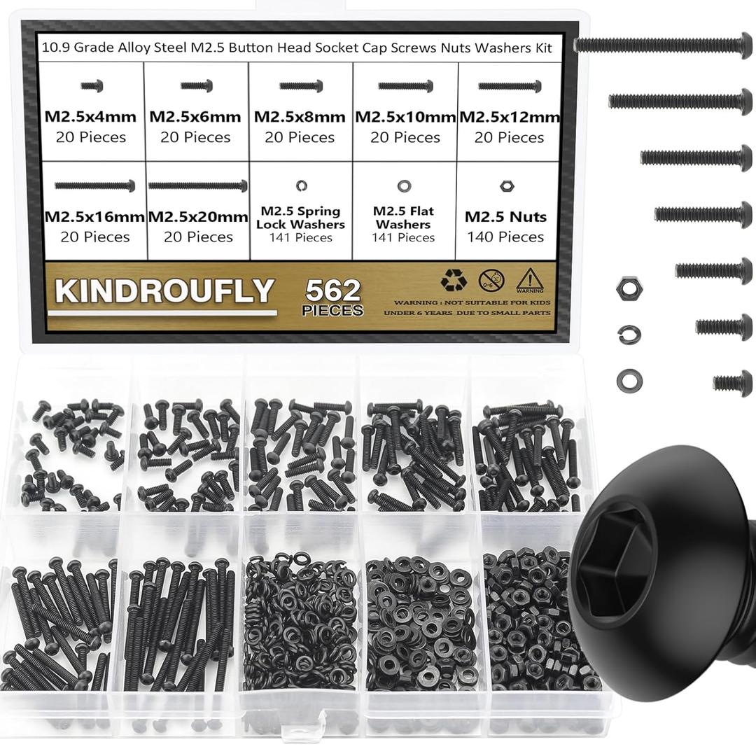 562 Pieces Black M2.5 x 4/6 /8/10 /12/16 /20mm Button Head Socket Cap Screws Nuts Washers Assortment Kit, 10.9 Grade Alloy Steel