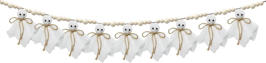 Halloween Ghosts Hanging Ornaments, Flannel Cloth Ghosts Party Garlands for Haunted House Halloween Decorations Indoor, with 39.3 Inch Long Hemp Rope, 9 Ghosts, and 50 Wooden Beads
