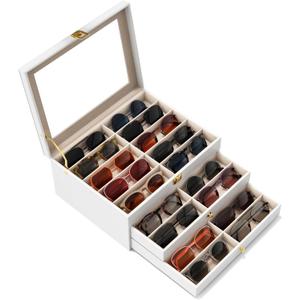 Sunglasses Organizer Storage Box - 30 Slots Eyeglass Display Case for Multiple Pair Glasses, 3-Layer Holder with Clear Glass Lid, Jewelry and Watch Collection Box for Women and Men, White