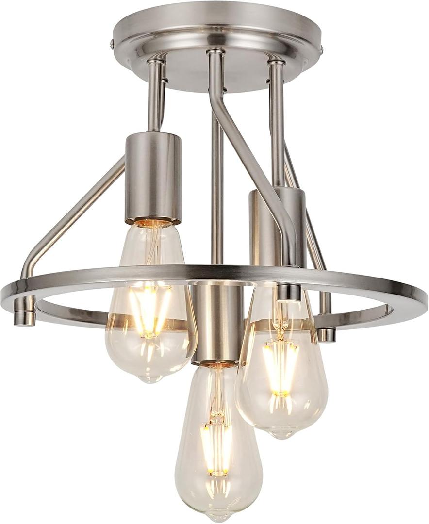 WILON Ceiling Light,Brushed Nickel Semi Flush Mount Light.3-Light Ceiling Light Fixtures Farmhouse Kitchen Light Industrial Hallway Light Fixtures E26 Socket Lamp for Hallway Kitchen Foyer