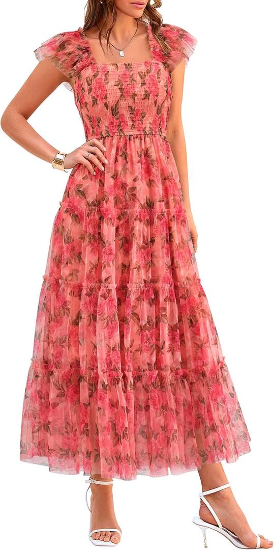PRETTYGARDEN Women's Summer Tulle Midi Dress Sleeveless Smocked Ruffle Flowy Mesh Dresses Party Wedding Guest Sundress (XL)