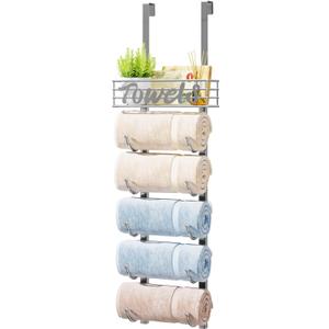 HapiRm Towel Racks for Bathroom Storage - 6 Tier Over The Door & Wall Mount Rolled Towel Storage Organizer Holder with Metal Shelf Basket for Small Bathroom, Camper, Rv - Sliver, Patented