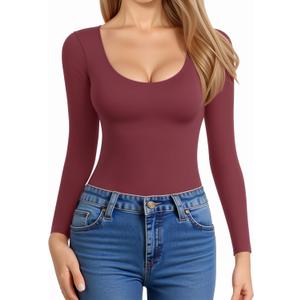 MANGOPOP Women's Scoop Neck Long Sleeve Shirts for Women Double Lined Tops Fall Outfits for Women 2025 (Burgundy, Small)