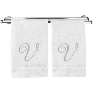 Monogrammed Hand Towel, Personalized Gift, 16 x 30 Inches - Set of 2 - Silver Embroidered Towel - Extra Absorbent 100% Turkish Cotton- Soft Terry Finish - For Bathroom, Kitchen and Spa- Script V White