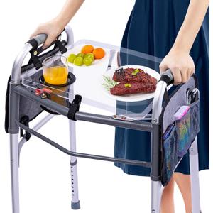 BAGSFY Clear View Walker Tray with Cup Holder & Side Pockets, Transparent Folding Walker Table for Seniors, 8.8lbs Load-Bearing Sturdy PP Tray, Universal Fit Walker Accessory for Elderly