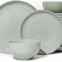 24 Piece Dinnerware Set for 8, Santorini Mist Terracotta Plates and Bowls Sets, Complete Stoneware Dish Set for Large Families and Entertaining, Microwave & Dishwasher Safe, Slate Green