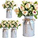 4 Sets Farmhouse Wedding Flower Centerpiece for Tables Decorations, Rustic Artificial Roses Bouquet with Metal Galvanized Vase Pot for Party Bridal Shower Event (Silver Vase & Champagne Roses)