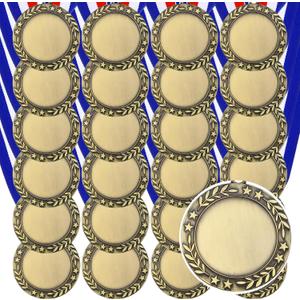 24 Pcs Blank Award Medals with Neck Ribbons Winner Participation Medal Awards Make Your Own Kit 1st Place Cheer Participation Trophy Metal Prize Gift