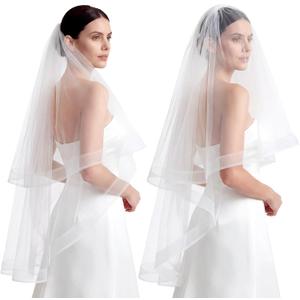 Jiuguva White Bridal Veil 2 Tier Wedding Veil with Horsehair Trim Comb Tulle Veils for Brides Shower Wedding Party Gift