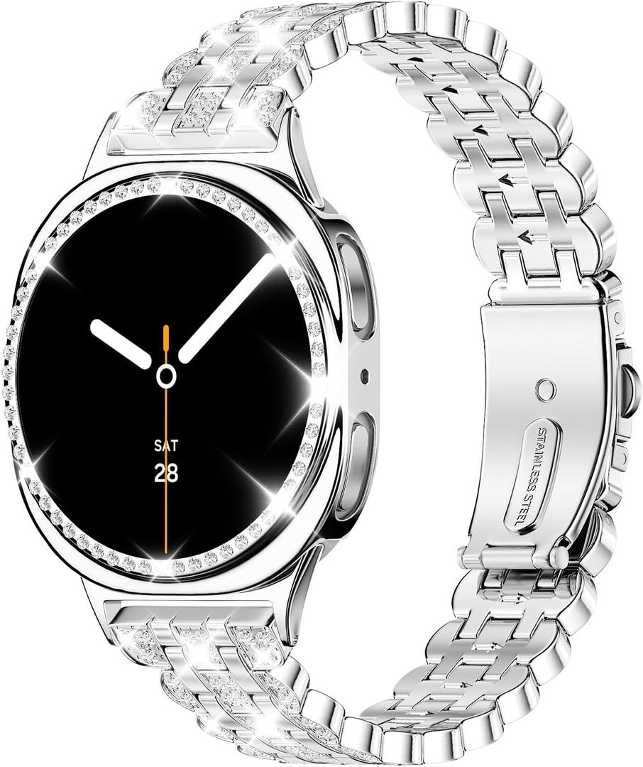 Bling Band+ Case Compatible with Galaxy Watch 8 40mm/44mm, Women Replacement Dressy Strap& Cover for Samsung Galaxy Watch8 (Silver)