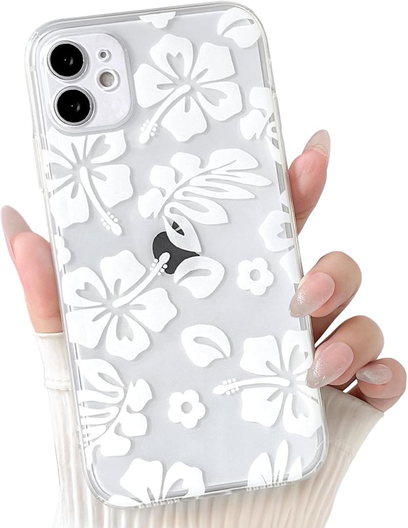 NITITOP Compatible with iPhone 11 Case Cute Clear Aesthetic Floral Flower Hibiscus Pattern for Girls Women Soft TPU Full Camera Lens Shockproof Protective Phone Cover - White