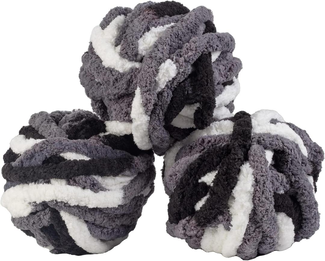 Chunky Yarn for Crocheting (Tie Dye- Black, White, Grey, 3 Pack)-72 Yards Total, 20mm Soft Thick Jumbo Chenille Yarn for Blankets, Pillows, Home Decor, Easter Basket Stuffer Gifts & Spring Crafts