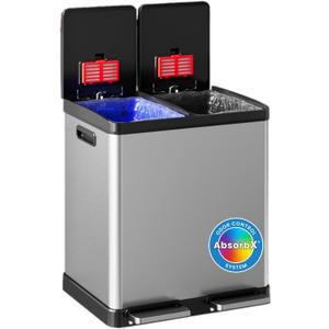 iTouchless 60 Liter / 16 Gallon Dual Compartment Kitchen Trash Can & Recycling Bin, Odor Filter, Soft-Close, Hands-Free Step Pedals, 2x 8-Gal Color-Coded Buckets, Smudge-Resistant Stainless Steel