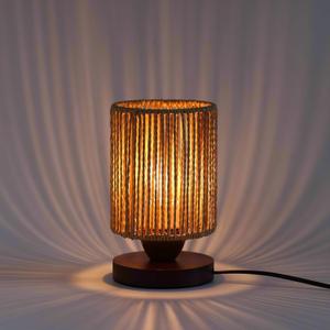 Small Rattan Table Lamp for Bedroom, Boho Bedside Lamp with Warm LED Bulb, Handwoven Wicker Nightstand Lamp for Nursery, Entryway & Dorm, Mini Ambient Night Light with Wood Base (8.6" Tall) (Standard, Plug-in / Cylinder Shape)