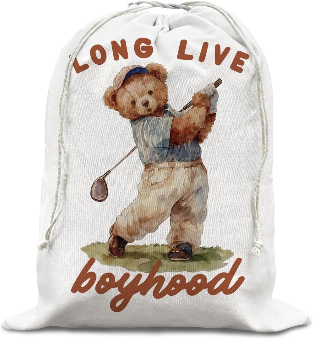 HESQFBH Bear Bithday Drawstring Gift Bags, Personalized Baby Shower Drawstring Gift Bags,Long Live Boyhood Happy Birthday Bag, Kids Boys Room Playroom Nursery Decor, 16x20 Inch