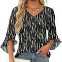 Qirno Chiffon Blouses for Women Ruffle 3/4 Sleeve Dressy V Neck Casual Flowy Tunic Tops (Large, Black Apricot Stripes)