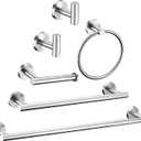 6 Pieces Brushed Nickel Bathroom Hardware Accessories Set Hand Towel Ring 16&23.6 inch Round Towel Bar Silver Toilet Paper Holder Towel Hooks 2 Pieces SUS 304 Stainless Steel,Heavy Duty,Wall Mounted