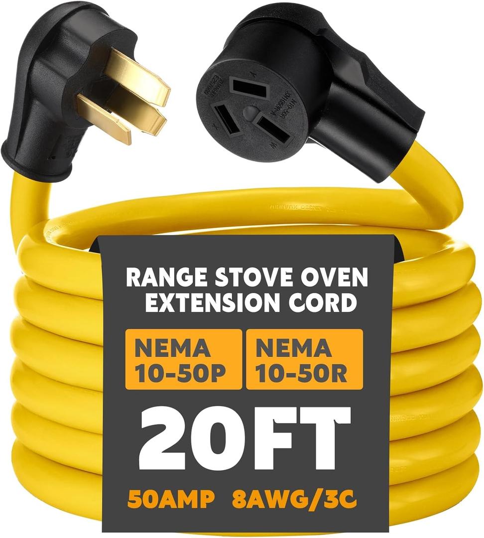 Relaxweex 20ft 10-50 50Amp Extension Cord Compatible with NEMA 10-50 Male Plug to 10-50 Female Receptacle, 50 A 3 Prong Electric Range Oven Stove Extension Power Cord, STW 8 AWG/3C Gauge, 250V, 12500W