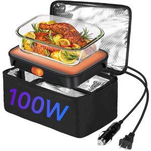 Protable Oven Food Warmer 100W, 12V/24V/110V Electric Lunch Box for Adults, Personal Microwave for Heating and Cooking Meals on Office/Travel/Car/Truck/Hotel/Home/Workplace (Regular Model - Black)