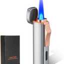Windproof Butane Lighter, Triple Jet Flame, Visible Air Window, Rechargeable Butane, Adjustable Flame, Zinc Alloy Body, Gift(Silver)