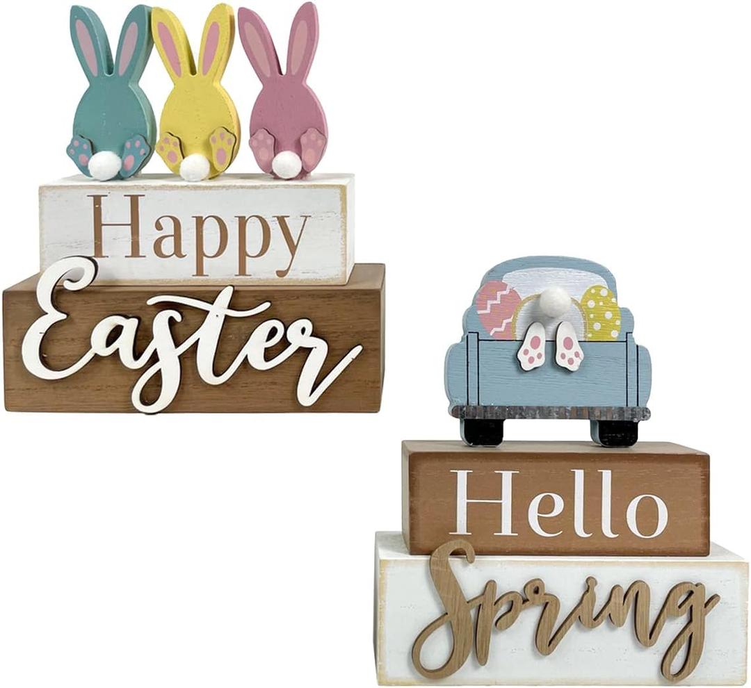 2 Pack Happy Easter Decorations for Home Bunny Truck Easter Decor Rustic Wooden Spring Rabbit Signs Farmhouse Tables Decorations Block Gifts Indoor Tiered Tray Kitchen Shelf Party