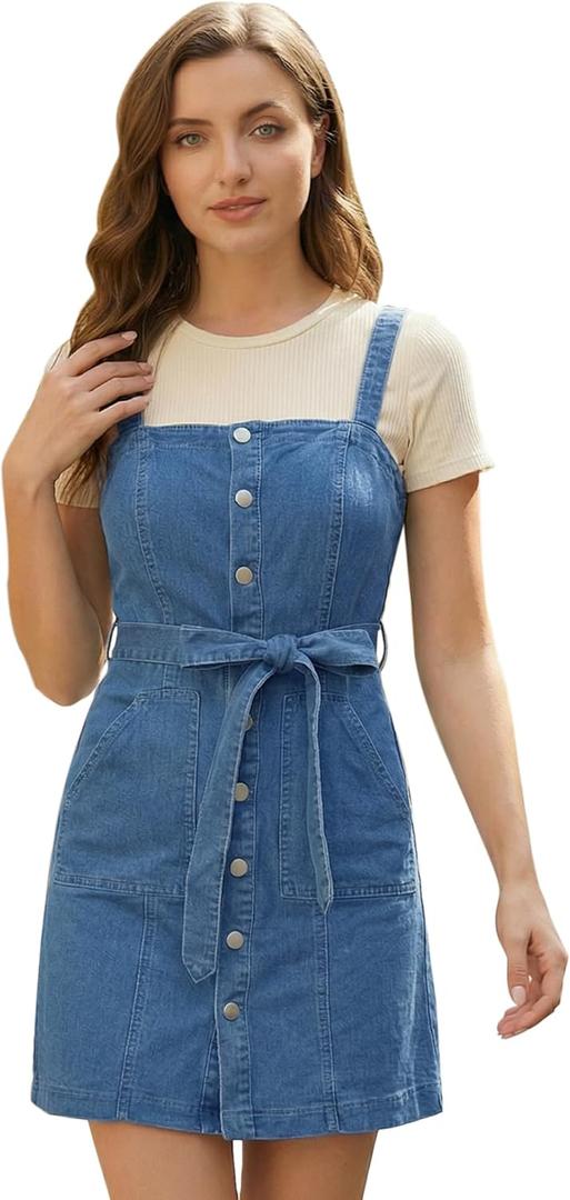 Allegra K Women's Spring 2026 Overall Dresses Classic Adjustable Strap Pinafore Jean Denim Dress (Blue), Small