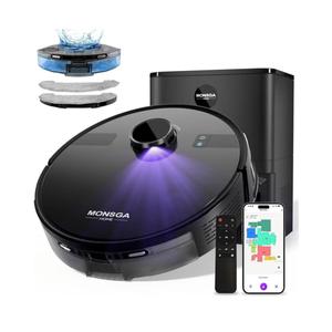 MONSGA Robot Vacuum and Mop Combo, 6000Pa Robotic Vacuum with 3.5L Self Emptying Station, Lidar Navigation Robot Vacuum Cleaner, 180mins Runtime, APP/Remote/Voice Control, for Hard Floors and Carpets