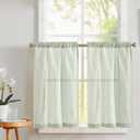 Vangao Stripe Farmhouse Kitchen Curtains 24 Inch Length Linen Cafe Curtains Tickingstripe Tier Drapes Pinstripe Semi-Sheer Small Window Treatments Rod Pocket 2 Panels Green on Beige